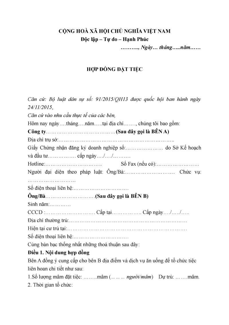 Mẫu hợp đồng đặt tiệc tất niên 1